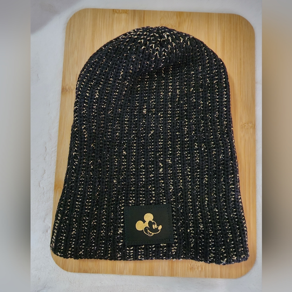 Mickey Mouse Gold Foil Black and Metallic Gold Yarn Beanie - Black